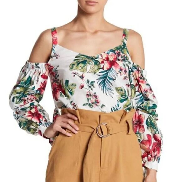 Nordstrom Lush Cold Shoulder Ivory Tropical Blouse - Picture 1 of 2